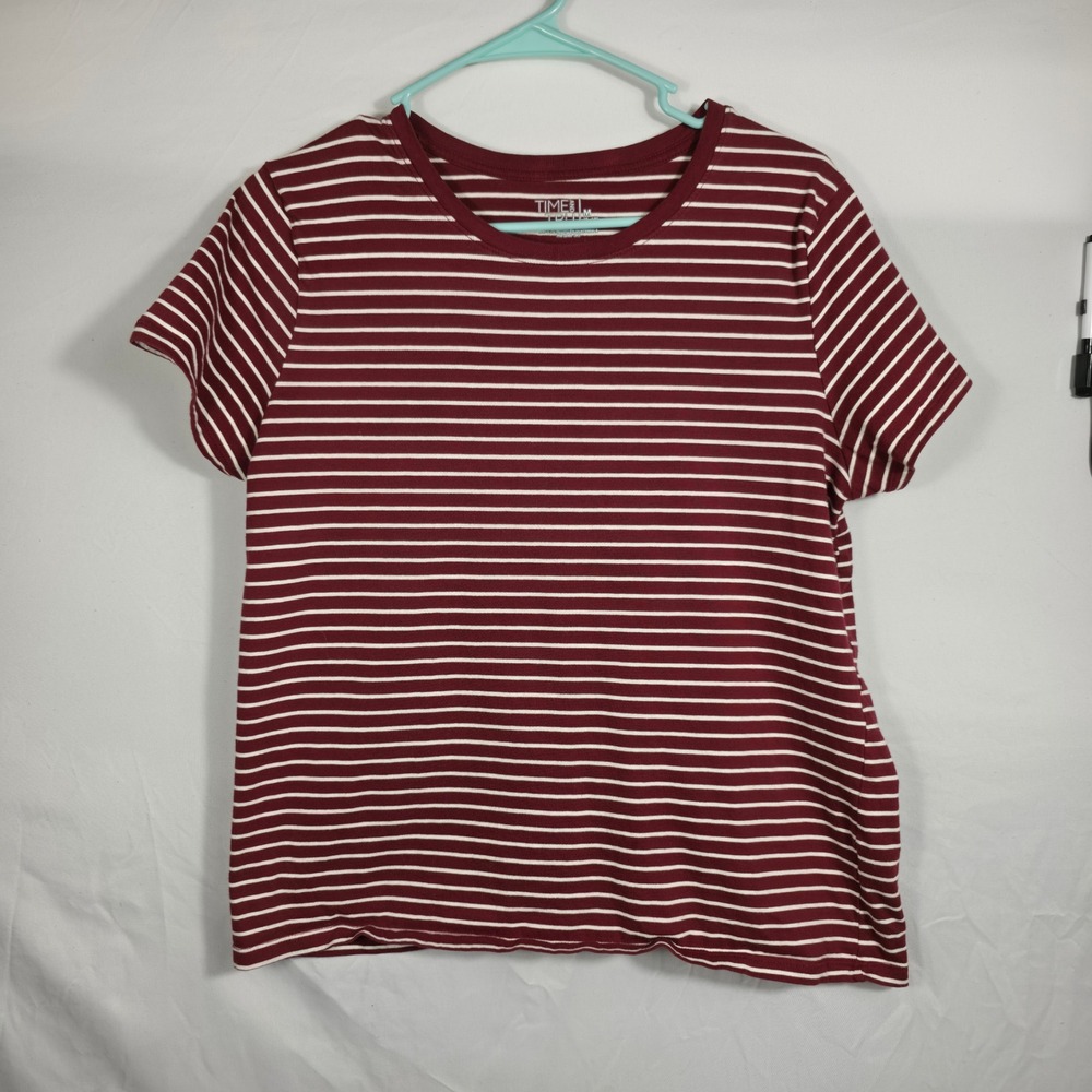 Time and Tru Striped Tee Womens M Burgundy Excellent Short Sleeve Cotton Top